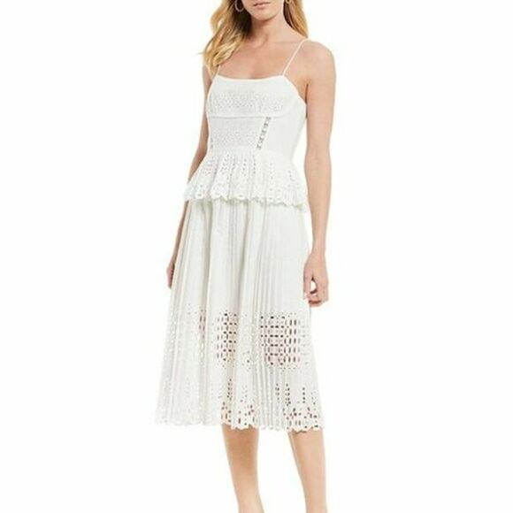 Gianni Bini White Eyelet Lace Pleated Midi Dress Peplum NWT Size 0 Bridal - Picture 2 of 16
